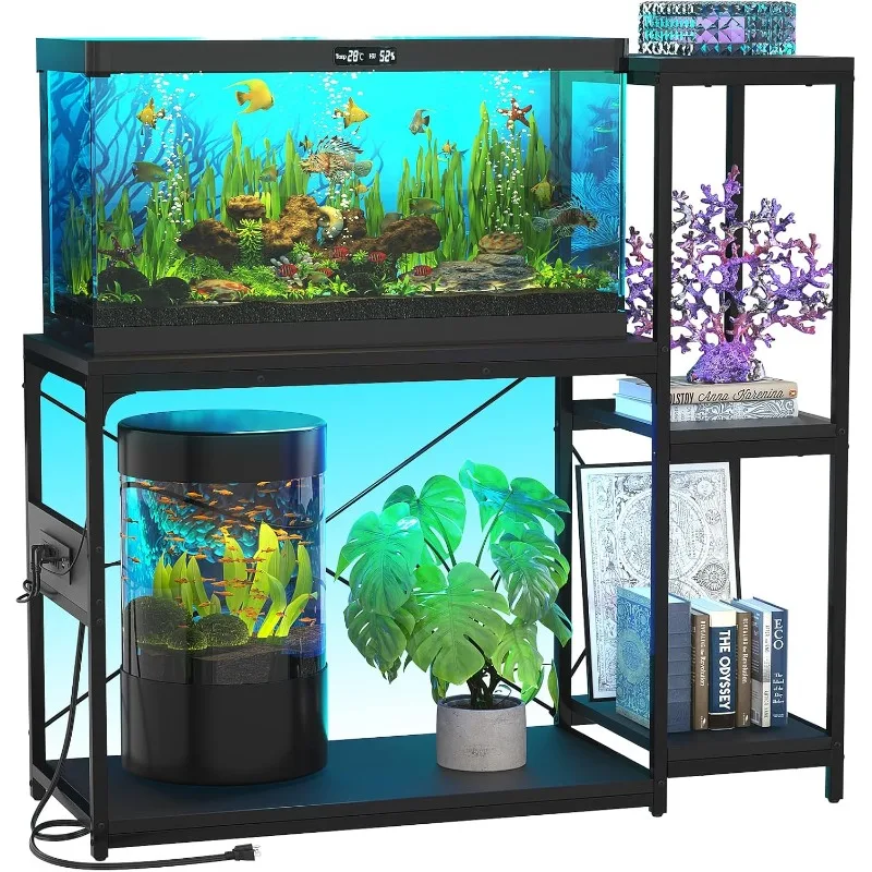 

20-29 Gallon Fish Tank Stand with Power Outlet & LED Light, Reversible Wood Aquarium Stand with Shelves