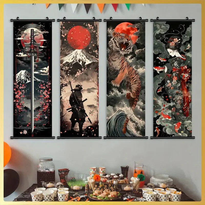 VIKAMA Noir Vermilion Ronin Tiger Geisha Wall Tapestry Scarlet Sun Fuji Zoro Koi Japanese Scroll Art Home Decor Cozy Soft Gift