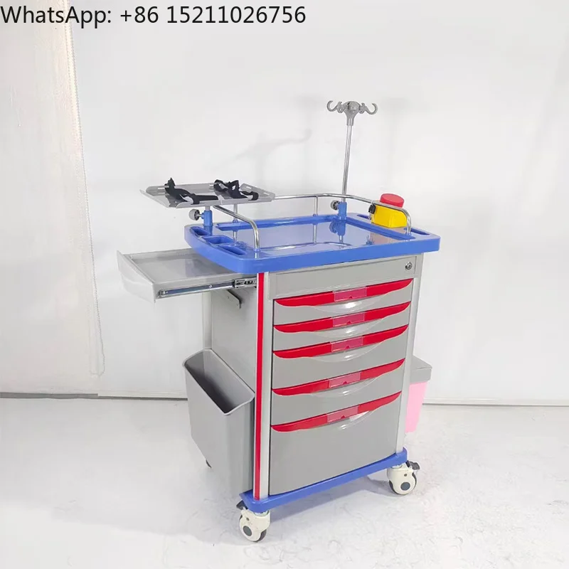 ABS Mobile Medical Crash Cart with Central Lock and 5 Drawers Emergency Trolley for ICU ER Hospital Clinic