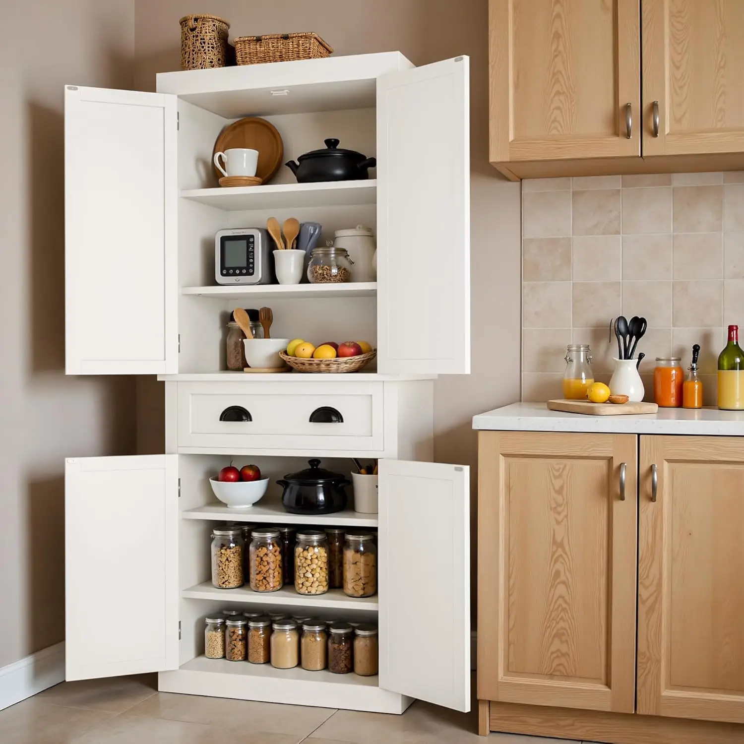 

72" Pantry Storage Cabinet, Kitchen Freestanding Cupboard with Adjustable Shelves & Large Drawer, Tall Buffet Sideboard