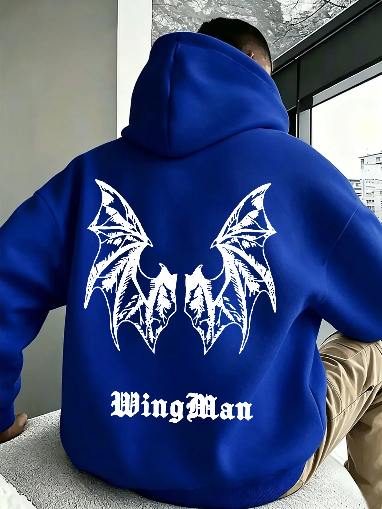 Gothic Demon Wing Graphic Hoodie White Sketch Devil Wing With Wing Text Double Side Print Loose Casual Pullover Unisex