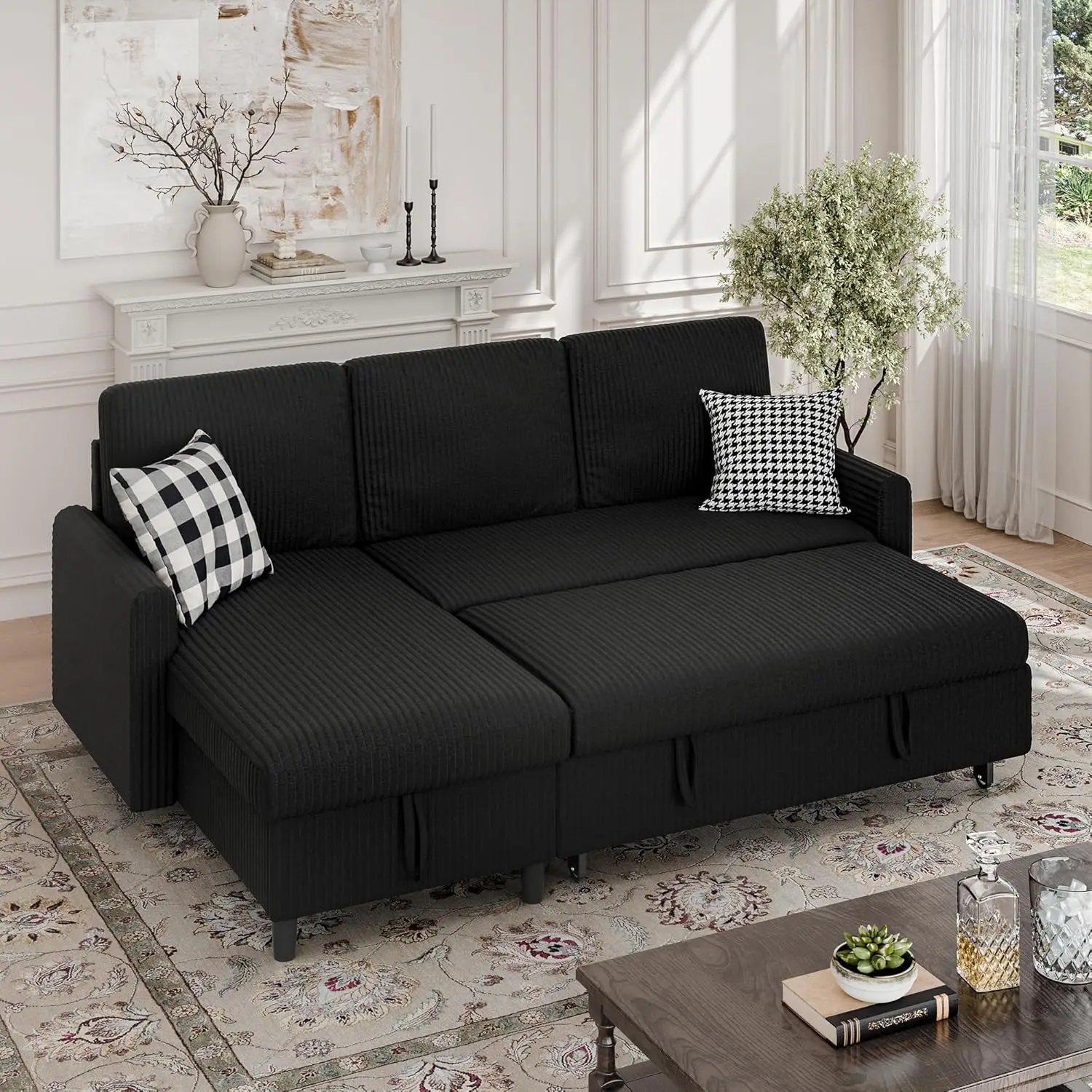 

Секционный диван-кровать, выдвижной диван-кровать со скрытым шезлонгом для хранения вельветового дивана-кровати, двусторонний L-образный секционный диван