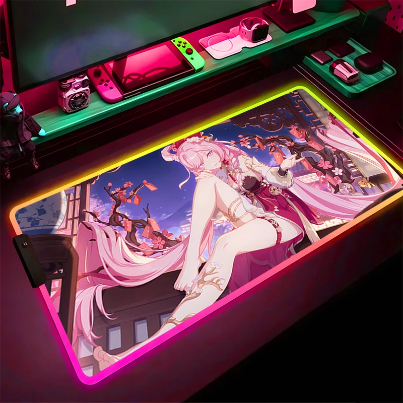 

RGB Large Mouse Pad LED Light Game accessories Pad table mat computer game Mouse mat Elysia Honkai Impact 3 Mousepad Home Decor