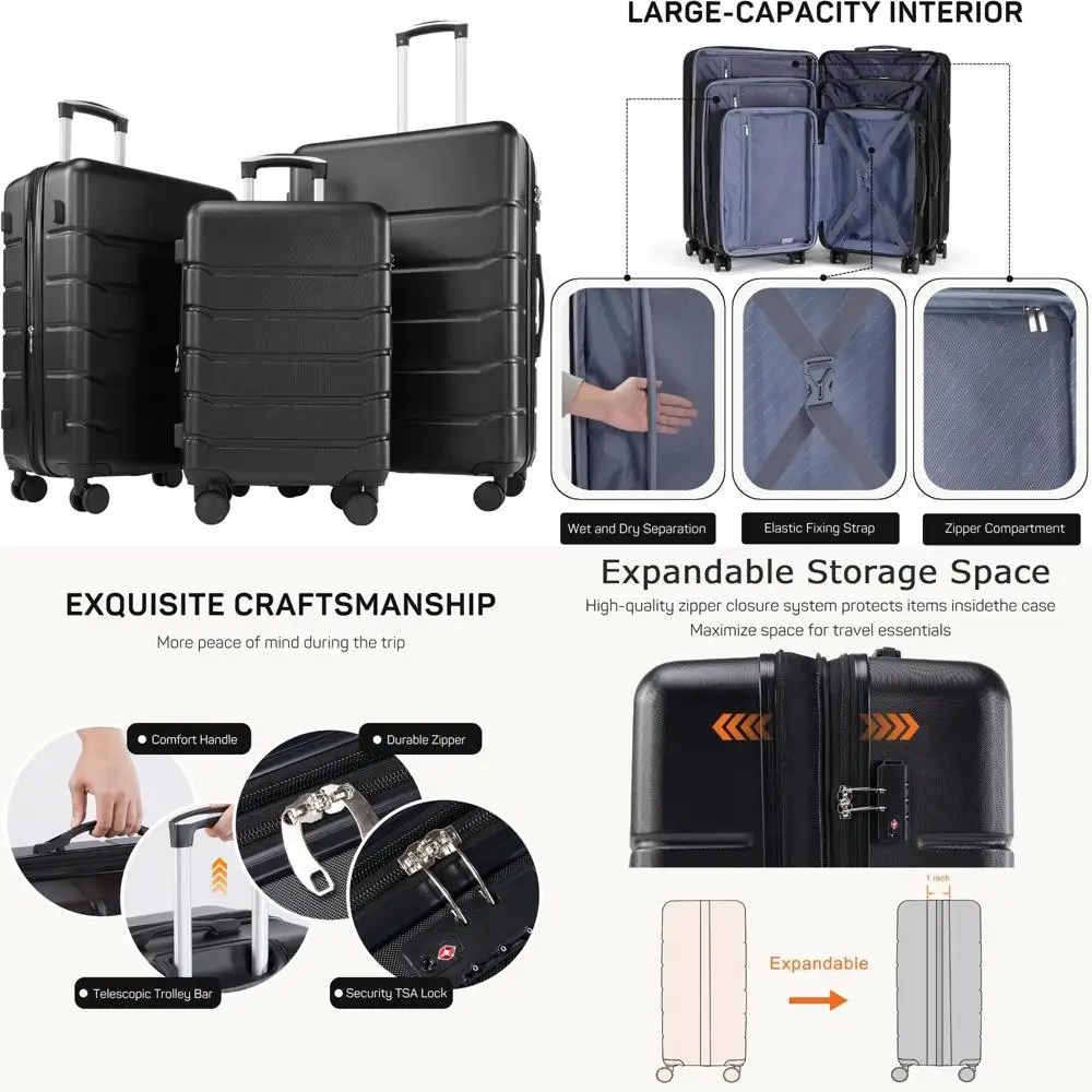 Conjuntos de bagagem de viagem 20-24-28 polegadas, preto, durável e elegante para todos os viagens