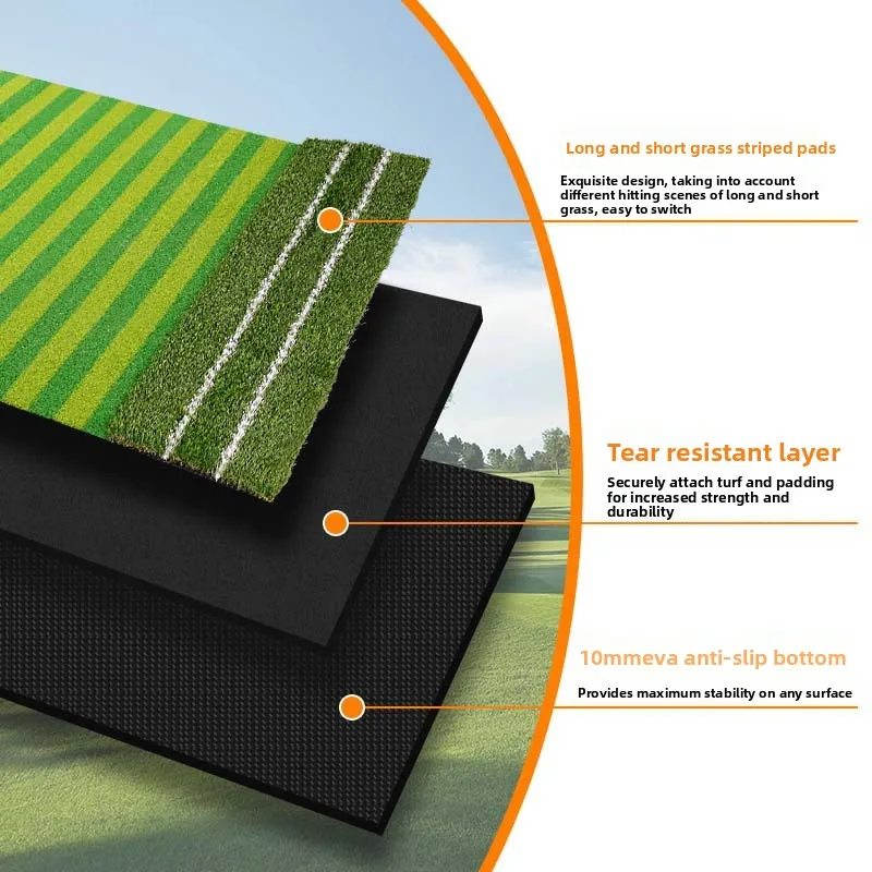 Striped Double Grass Plus White Line Golf Strike Mat, Outdoor Swing Practice Golf Mat