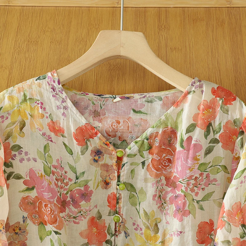 Summer Lightweight V-Ne Casual Sle Polyester Linen Blend Floral Open Cardigan ort Sve High Quali Women's irt