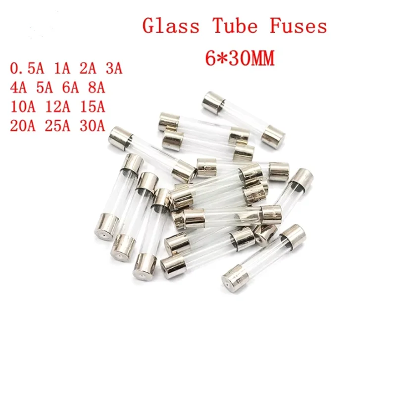 20/Lot One Sell 6*30mm Fast Blow Glass Tube Fuses 6x30mm 250V 100mA 200mA 250mA 315mA 500mA 630mA 750mA 20A 25A 30A AMP Fuse