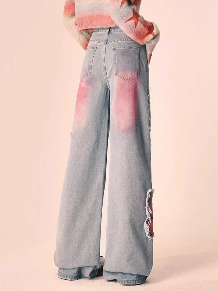 Jmprs Butterfly Embroidery Cute Jeans Women Vintage Design Sweet Denim Pants Korean High Waist Loose Casual Wide Leg Trousers