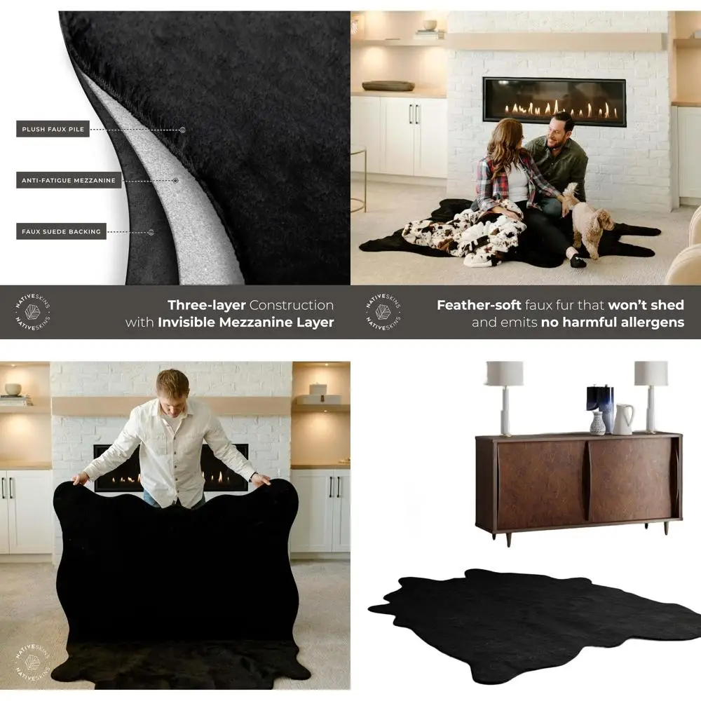 

Black Cowhide Rug - Small Western Style | 3.1ft x 4.1ft | Handcrafted Suede Backing | Animal Print Decor