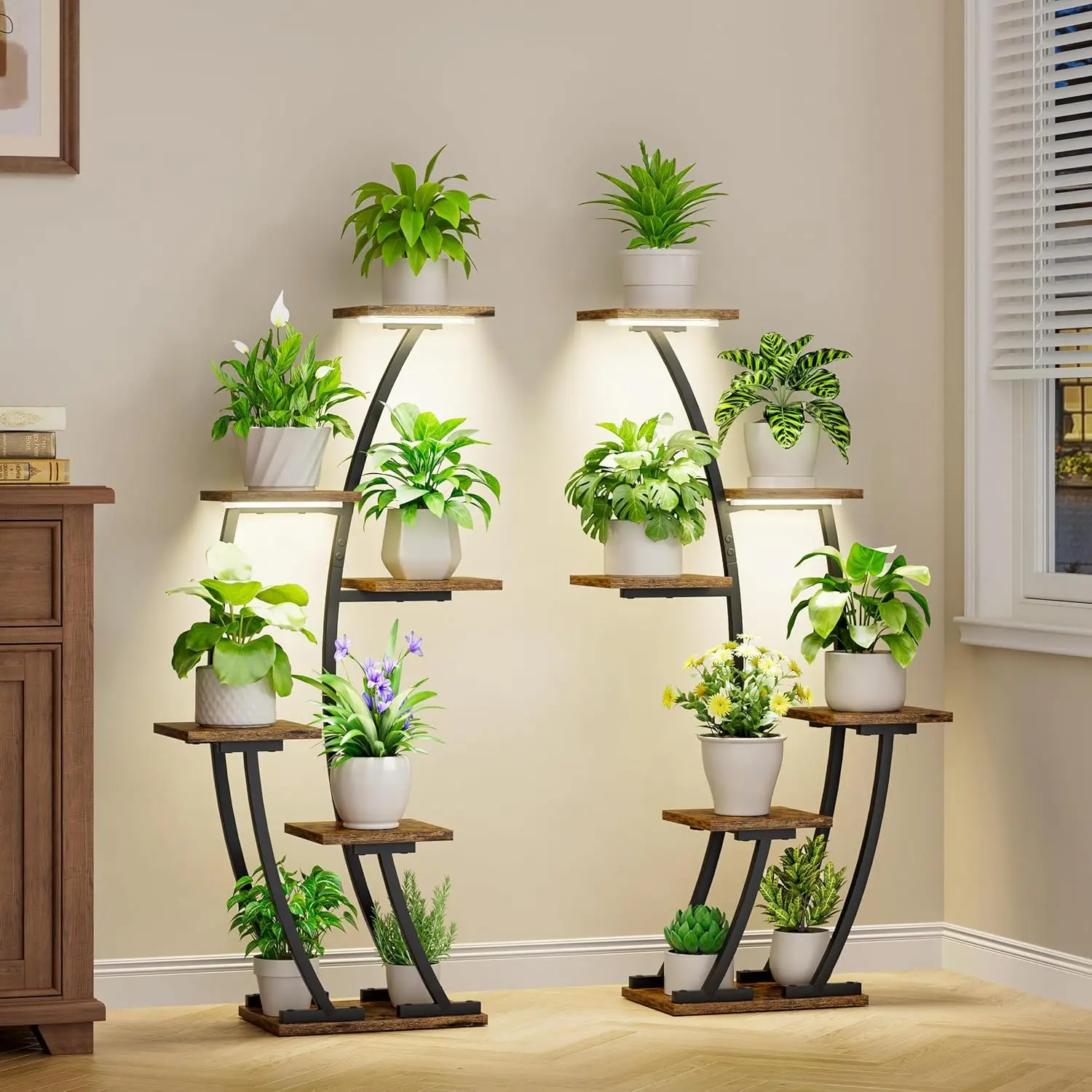 

6-Tier Half-Moon Plant Stand with Grow Lights, 2-Pack Black Corner Shelf for Indoor Plants in Living Room