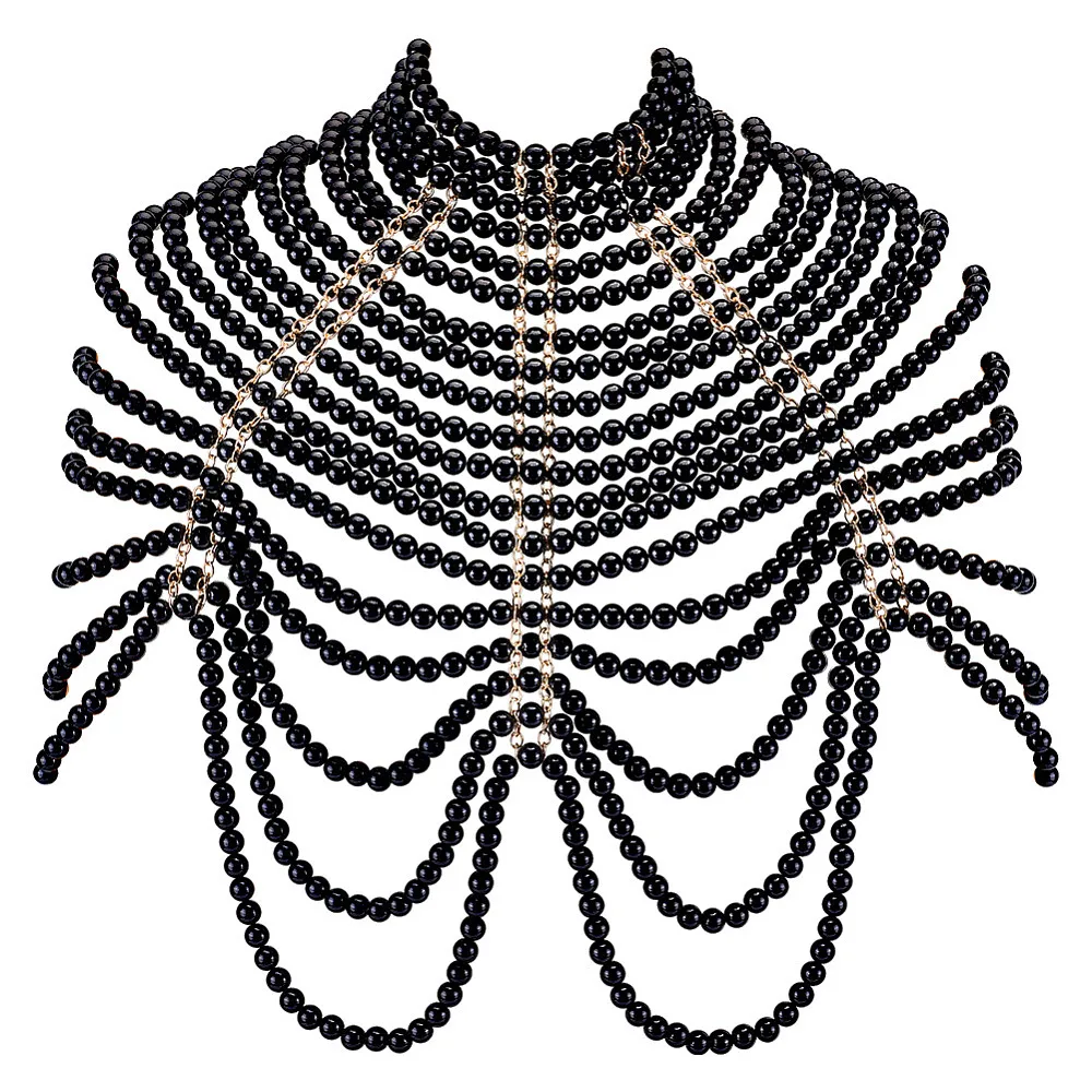 Black Pearl Body Chain Bra Sexy Body Bra Multi layer Chest Layered Necklace Bra Chain Body Jewelry Bikini Chain