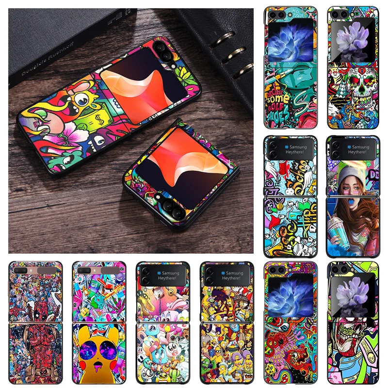 Matte Phone Case For Samsung Galaxy Z Flip5 Flip4 Flip3 Flip 3 4 5 5G Luxury Graffiti Sticker Art ZFLIP Hard Black Soft Cover