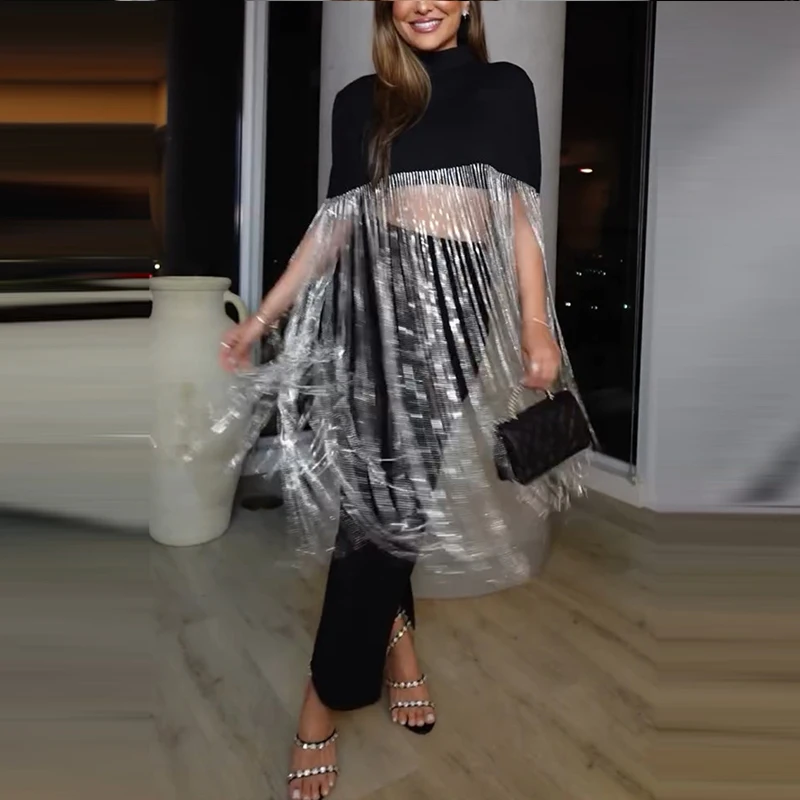 Women's Casual Shining Solid Color Loose Tee Fashion Stand Collar Cape Pullover Tops Elegant Tassels Splicing Club Party Blouse