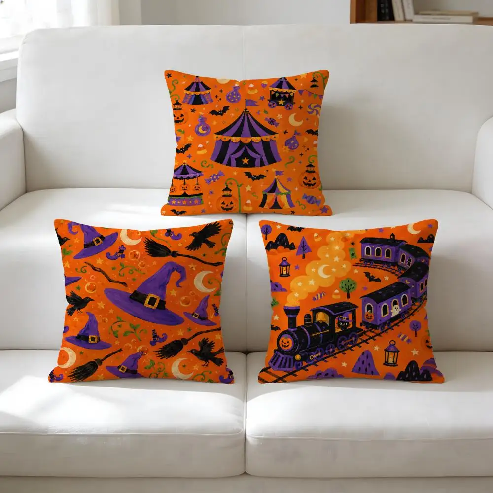 Halloween Magic Pumpkin Ghost Cushion Cover Breathable Short Plush Pillow Case Wrinkle-Resistant Machine-Washable For Easy Care
