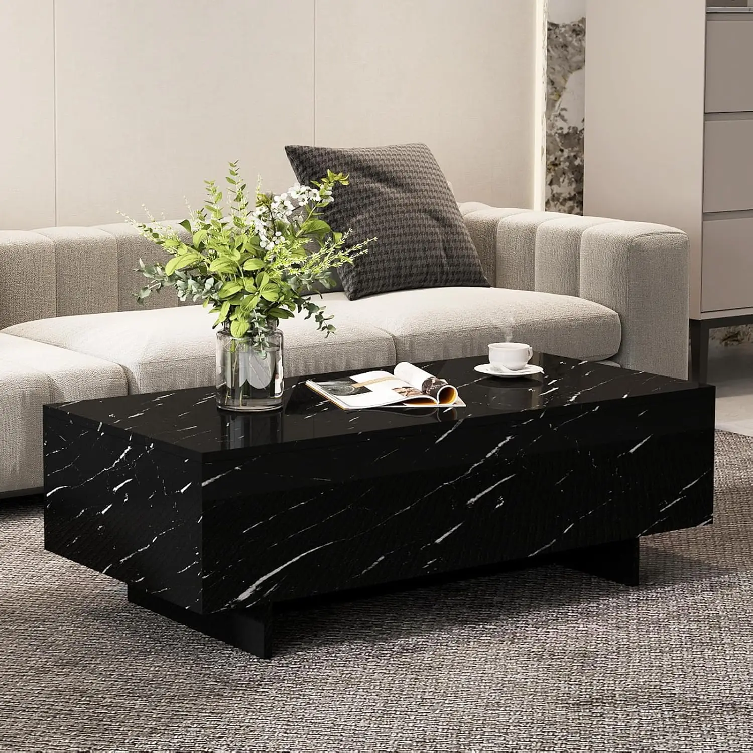 

Black Marble Coffee Tables For Living Room, 41.3" Modern Rectangle Center Table For Sofa
