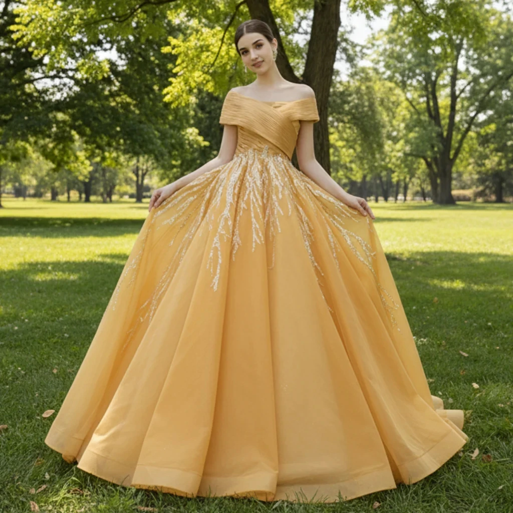 

Rosymae Off-Shoulder Gold Wedding Dress Ball Gown for Quinceanera Prom Parties Special Occasions with Chapel Train Bridal Look