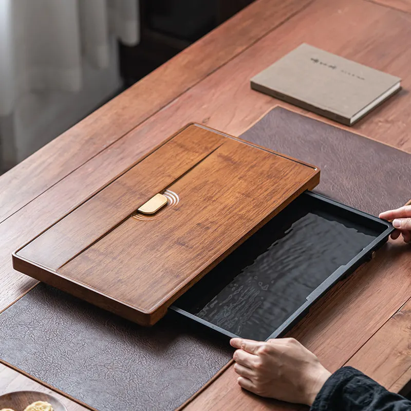 Heavy bamboo tea tray for home use, tea room office, drawer-style storage and drainage, draining dry-brewing tea table