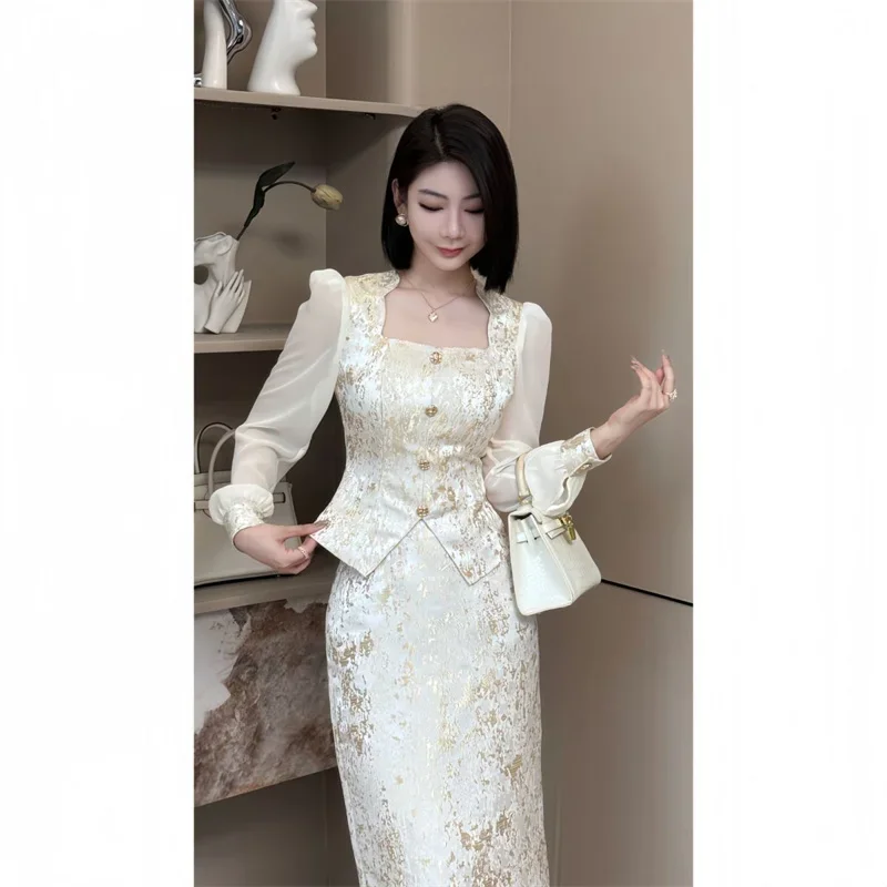 New High Quality Fashion Party Women's Two Pieces Set French Luxury Jacquard Patchwork Tops+High Waist Midi Skirt Women's Suit image 5