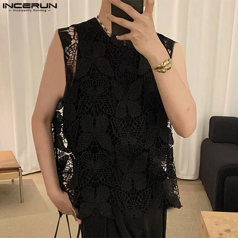 INCERUN Men Tanks Tops Hollow Out Lace Patchwork O-neck Sleeveless Transparent Male Vests Streetwear 2024 Fashion Men Clothing