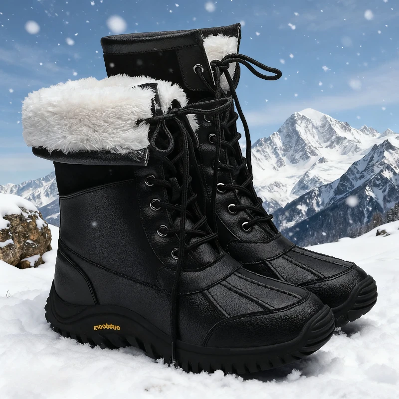 High Top Waterproof Thicken Plush Warm Leather Boots Women Winter Outdoor Non Slip Cotton Padded Platform Snow Boots Fur Women