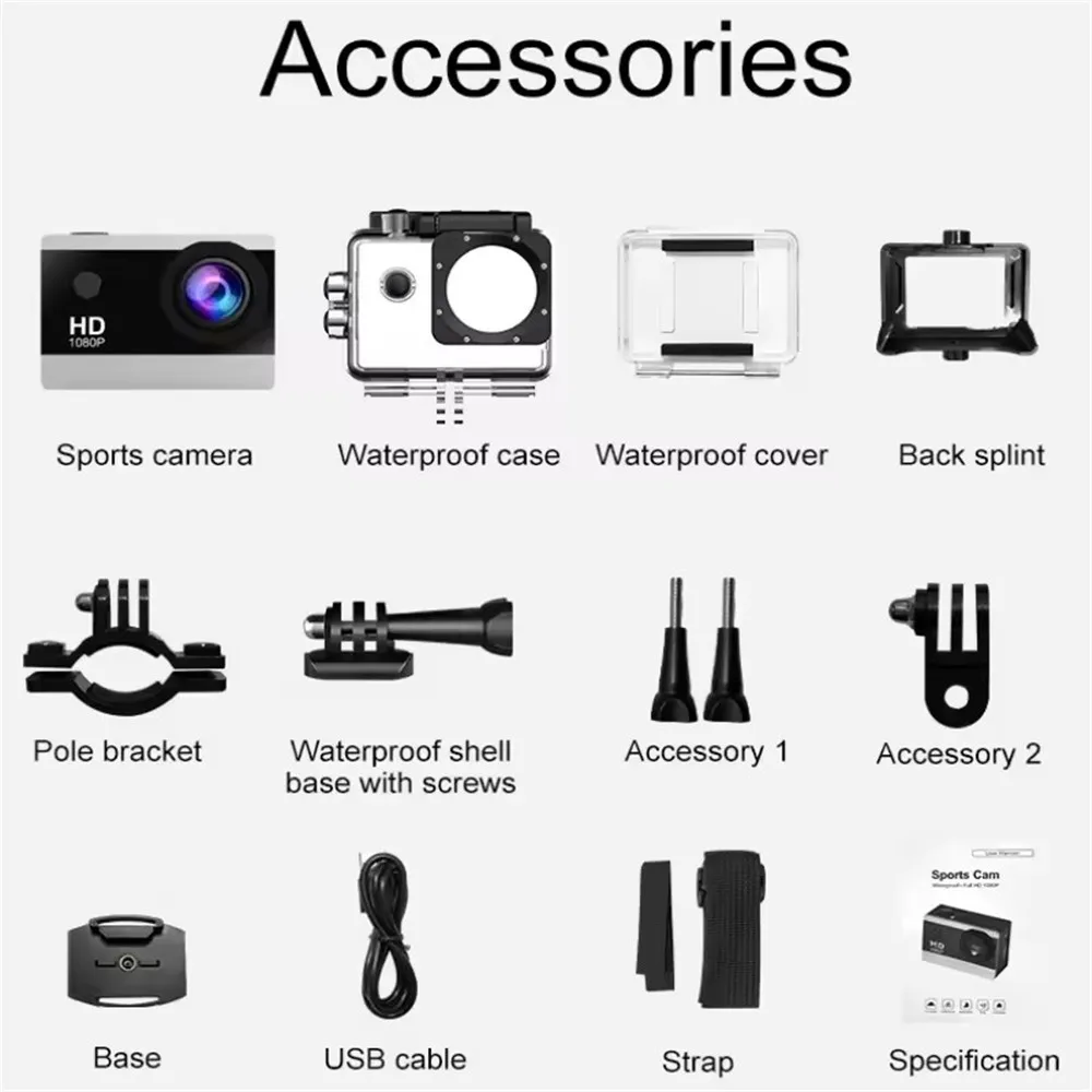 Экшн-камера 1080P/30 кадров в секунду 2.0 с экраном IPS 170 °   Подводный водонепроницаемый шлем, запись видео, спортивные камеры, уличная цифровая камера