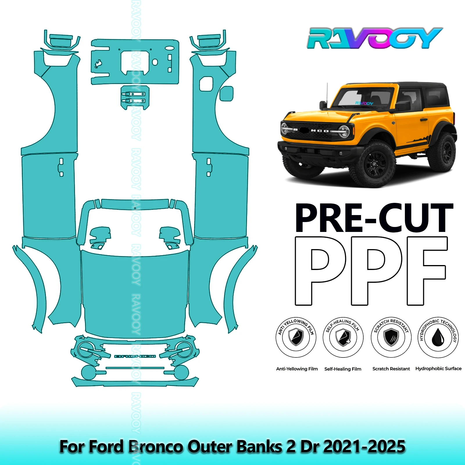 

Car Precut PPF Paint Protection Film Full Vehicle For Ford Bronco Outer Banks 2 Dr 2021-2025