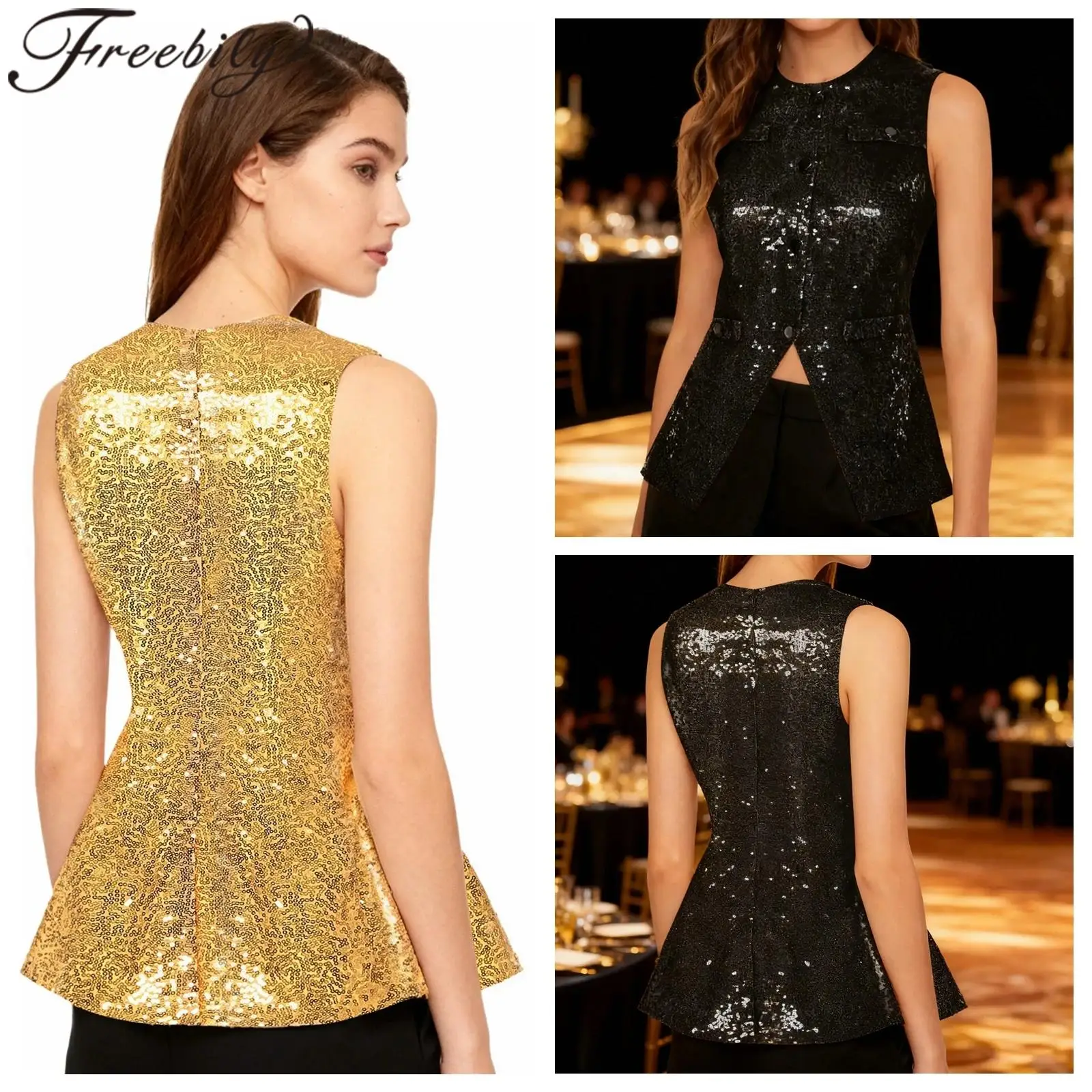 

Lady Sleeveless Vest Women's Sequin 70s Disco Waistcoat Fashion Vests Shiny Button-down Tank Top Party Dance Costumes Mujer
