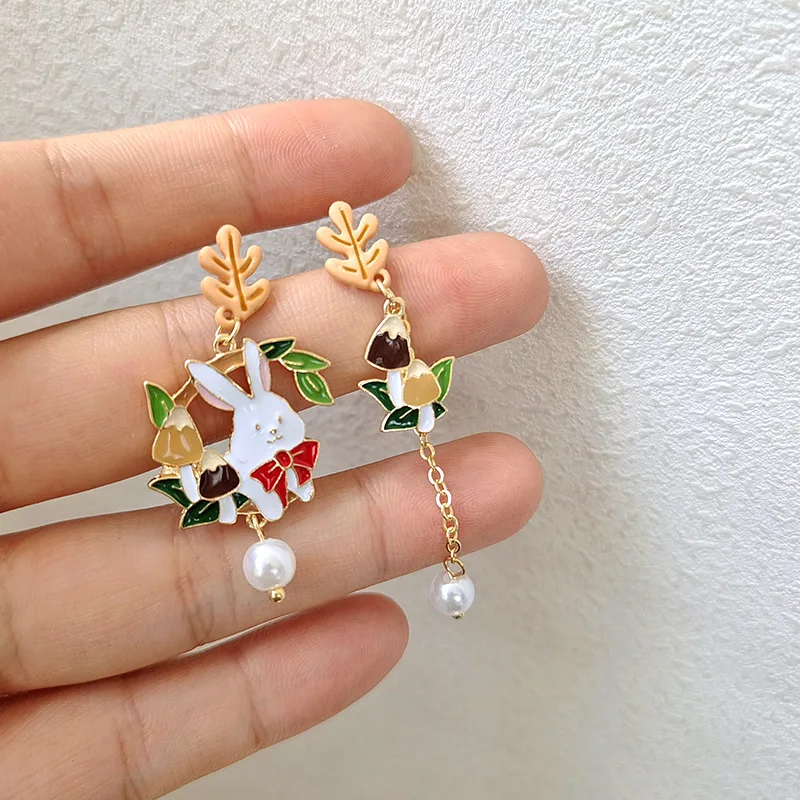 Korean Fashion Cute Animal Cat Fox Flower Drop Earrings For Women Kitten Rabbit Astronaut Asymmetric Earring Girls Party Jewelry