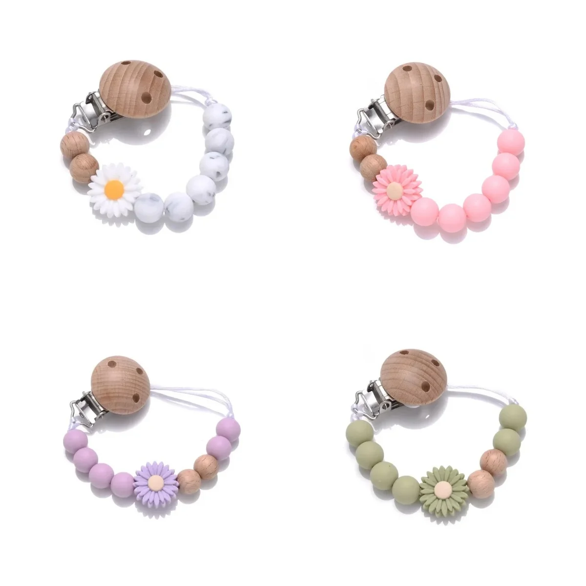 Baby Beech Round Wooden Clips Flowers Silicone Beads Pacifier Chain for Teether Nursing Toys Handmade Dummy Holder BPA Free