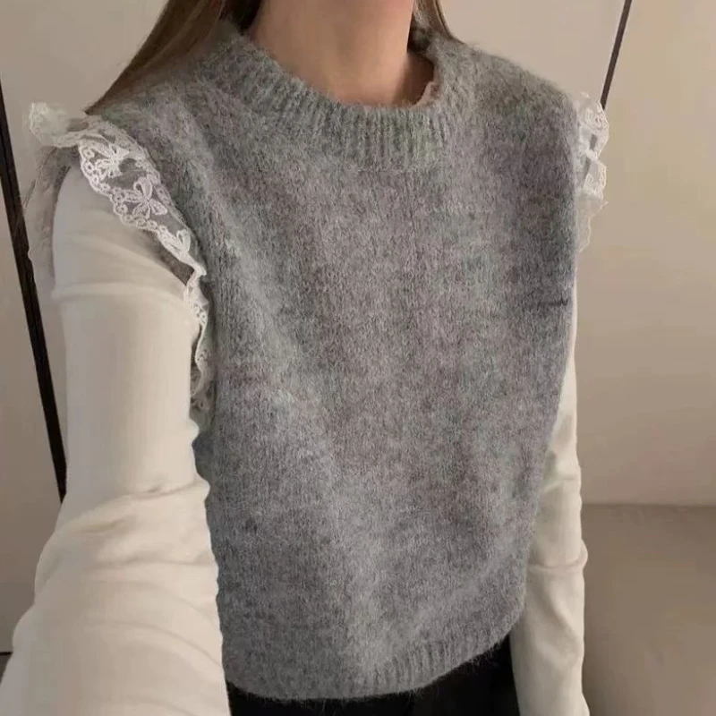 Retro Kant Splice Mouwloze Gebreide Tank Top Vrouwen Losse Luie Mode Gebreide Trui Ronde Hals Koreaanse Stijl Vest Lente 2025