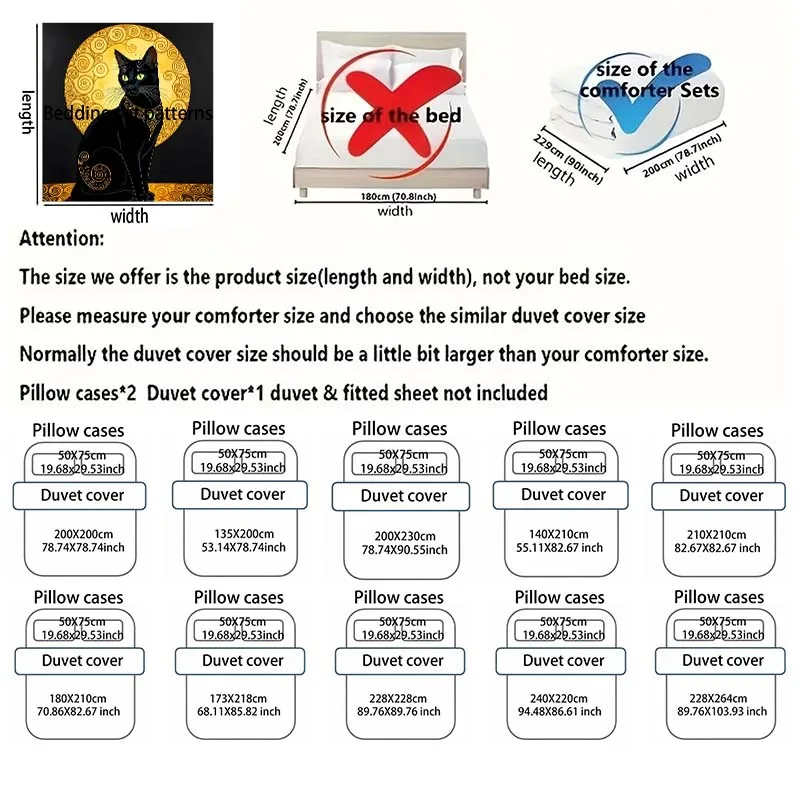 Black Cat with Golden Artistic Background Print Soft Comfortable Duvet Cover Bedding Set Included 1*Duvet Cover 2*Pillowcases