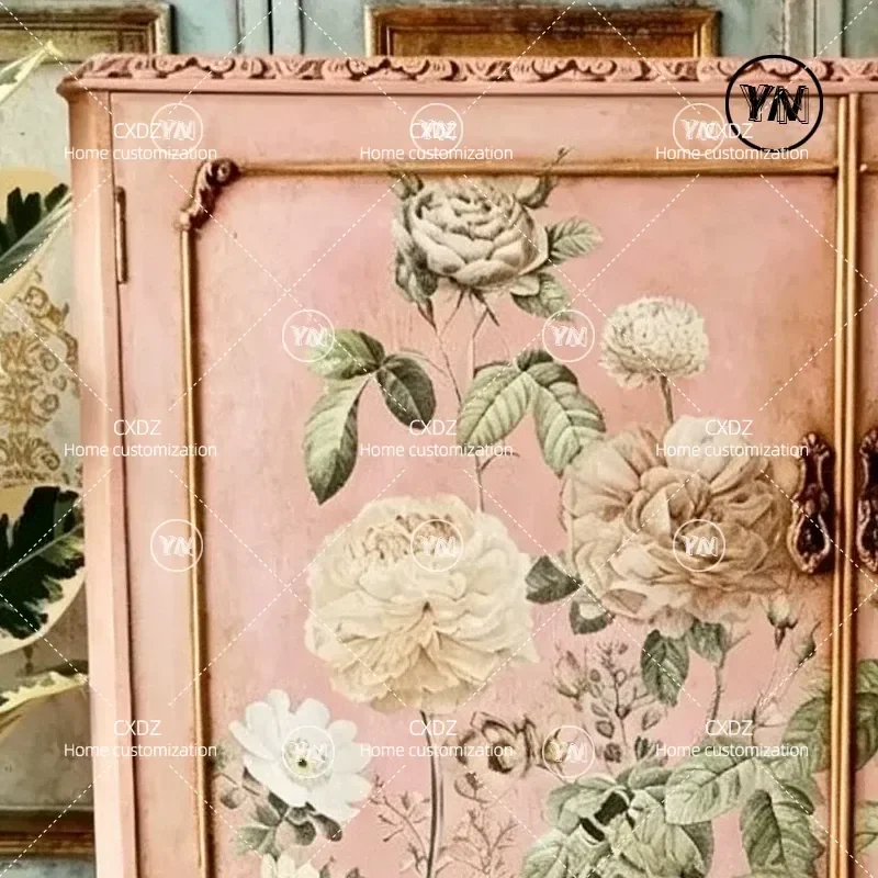 Pink Retro Painted Entrance Cabinet Solid Wood Carved Flower Foyer Storage Cupboard Hand Painted Chinese Style Hallway Locker