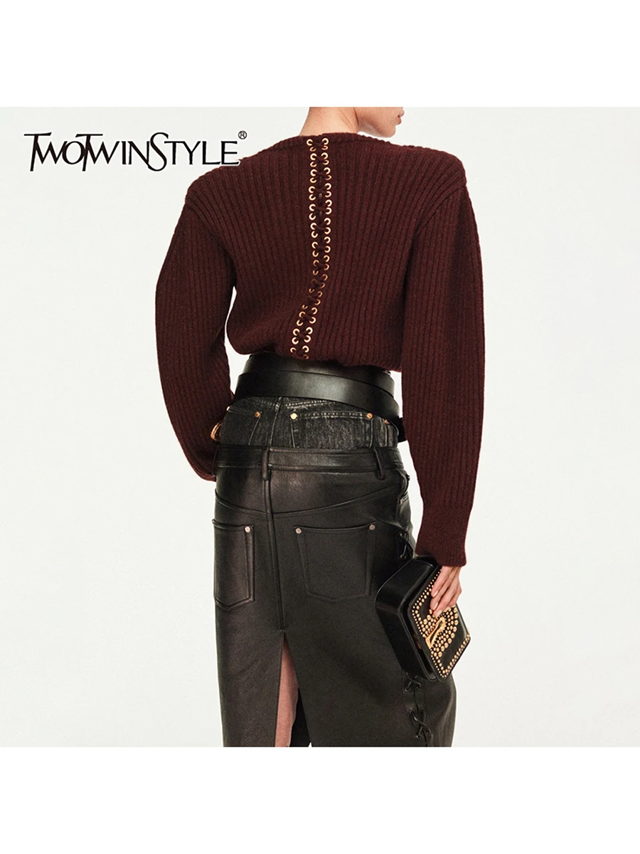

TWOTWINSTYLE Solid Slimming Spliced Strap Fashion Sweaters for Women Stand Enck Long Sleeves Design Sense Sweater Female Clothes