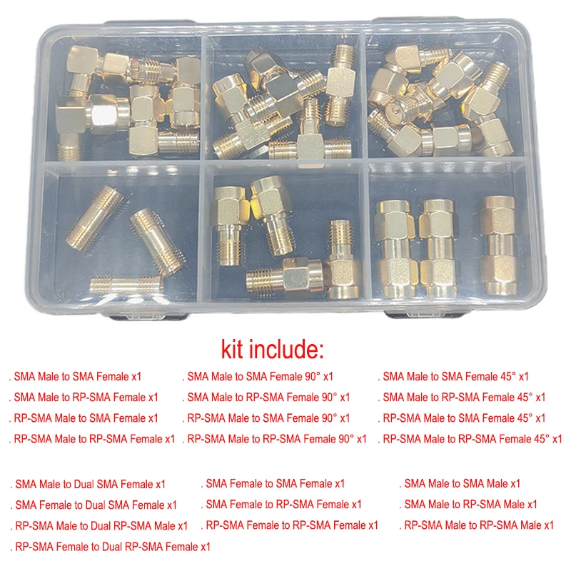 SMA 22 Typen Kit Box SMA Stecker Buchse Winkelstecker 45 Grad 90 Grad RF Koaxial-Steckerset Dual 3-Wege-Splitter für WLAN-Antenne – Detail 2