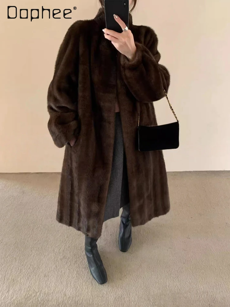 

Elegant Slimming Retro Long Stand Collar Mink Velvet Coat Eco-friendly Faux Fur Jacket High-end Socialite Sheepskin Coat Women