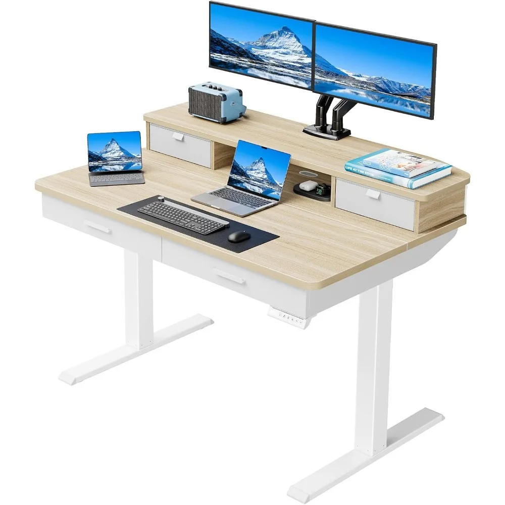 HUANUO 48 x 30 inch Electric Standing Desk with 4 Drawers, Natural | Deeper 30 Inch Desktop, Cable Tray, Monitor Mount Support, Grommet Routing, 27.9–46.8 Inch Height Range, Home Office Use