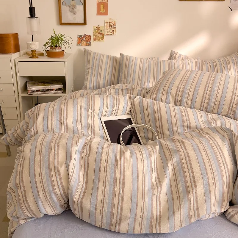 Winter new cotton pure cotton strip washed cotton single product quilt cover three-piece set household simple bedding kit