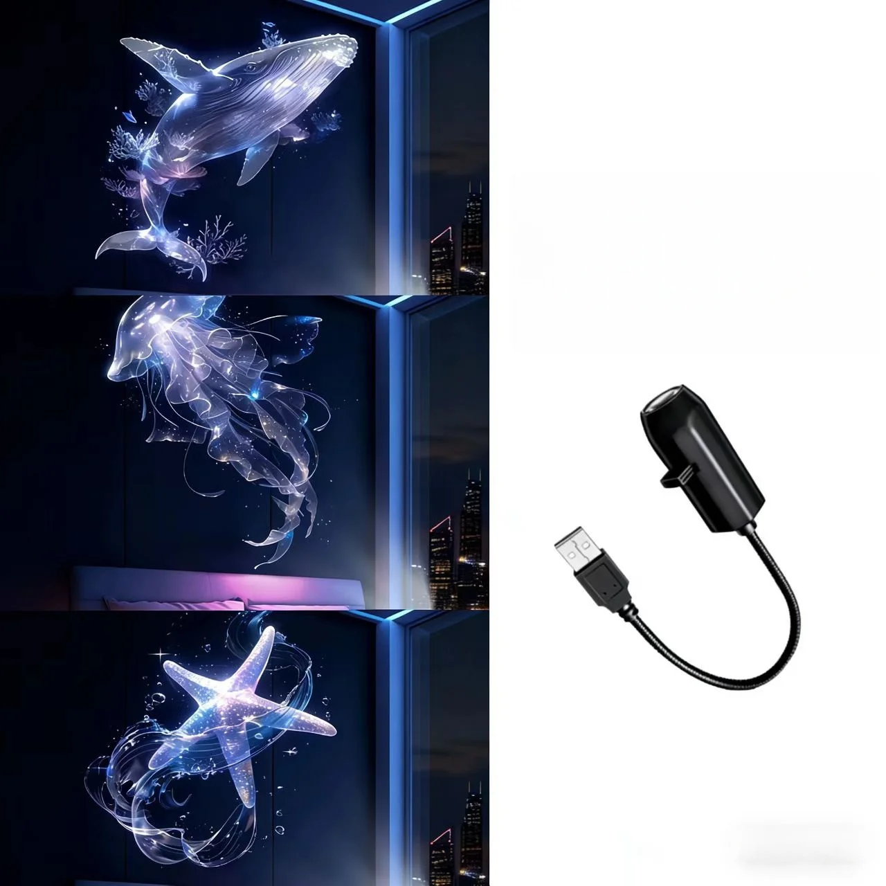 LED USB-projectorlicht 3/6 stuks projectiepatronen - verstelbare walvisvlinder kwallen zeester nachtlampje festivalcadeau