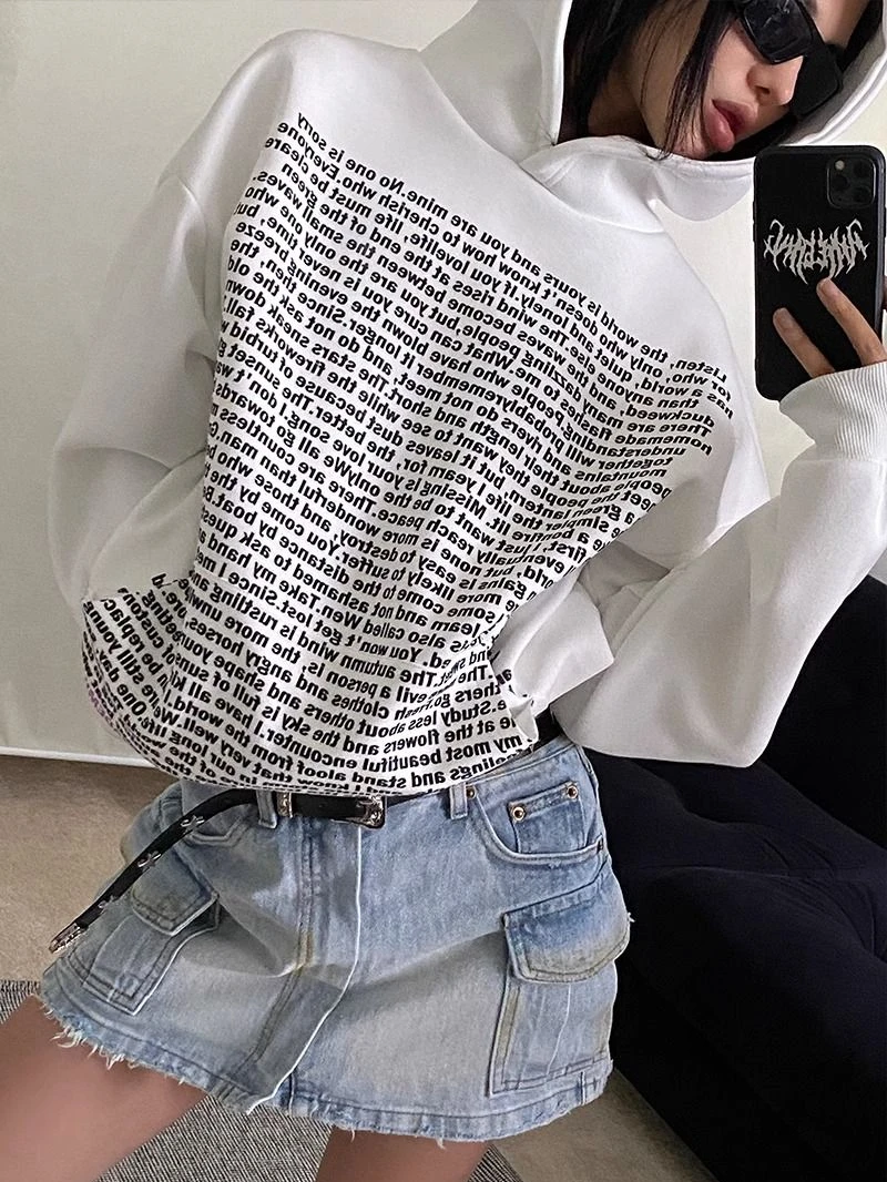 Hooded Letter Printing Baggy Long White Text Autumn and Winter Sweatshirt for Women Thick Hoodies Woman Tops Loose Cold Warm Xxl