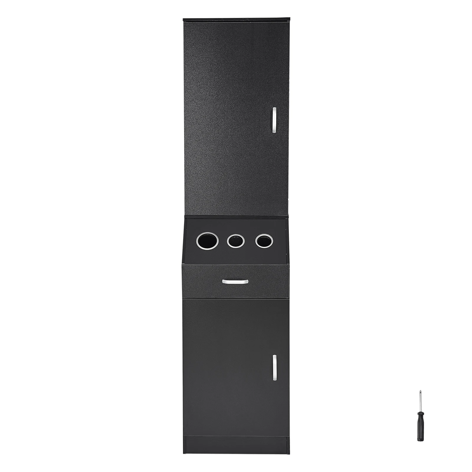 Salon Organizer, Equipped with 3 Holders for Hair Dryers, in Black, Station Unit for Hair Professionals, Storage Spaces, and a Single Drawer