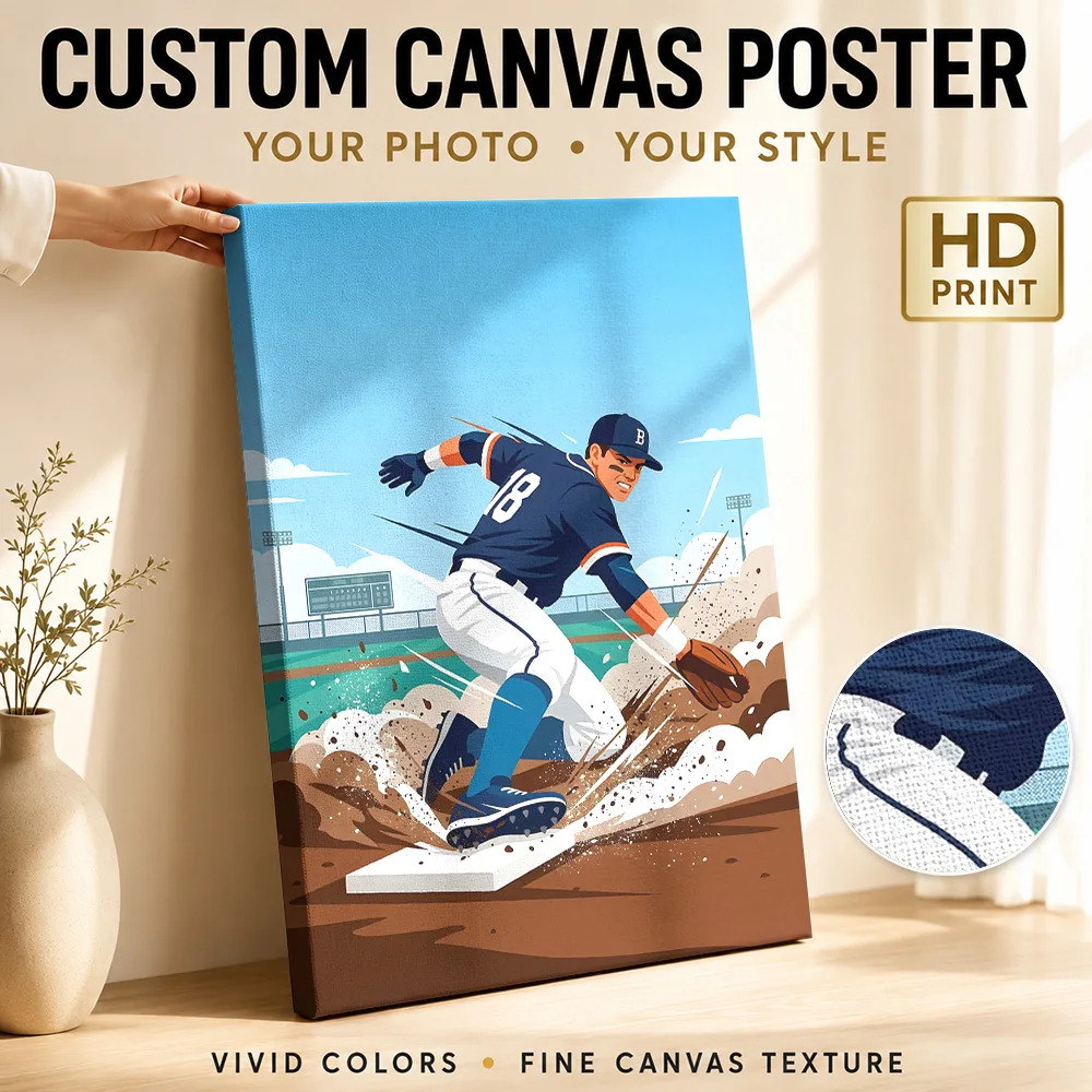 Baseball player sliding into base Canvas Painting Poster Customized Photo Sports Portrait Wall Art for Gym Decor Ready to Hang