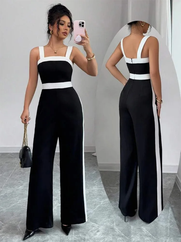 Women's Casual Black Jumpsuit White Contrast Trim Square Neck Great for City Nights Social Gatherings Fashionable Wear