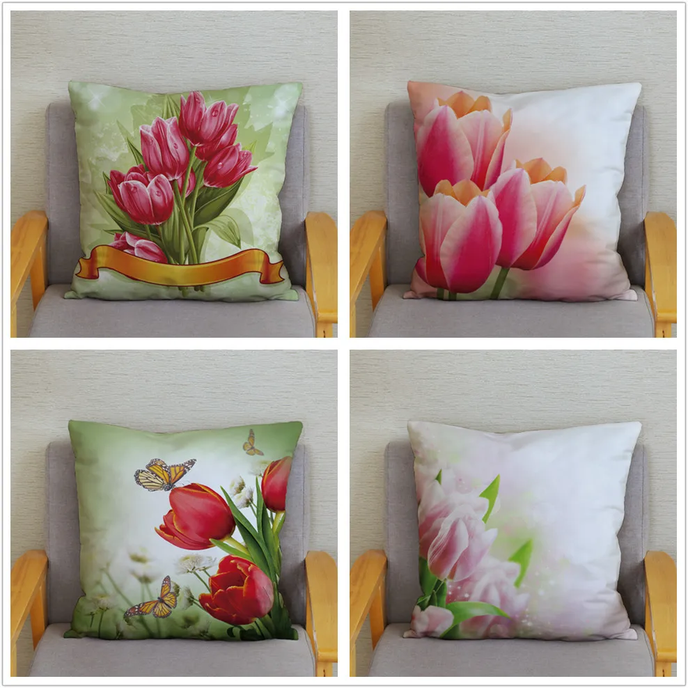 Funda de cojín con flores de tulipán para decoración del hogar, funda de almohada, sofá, dormitorio