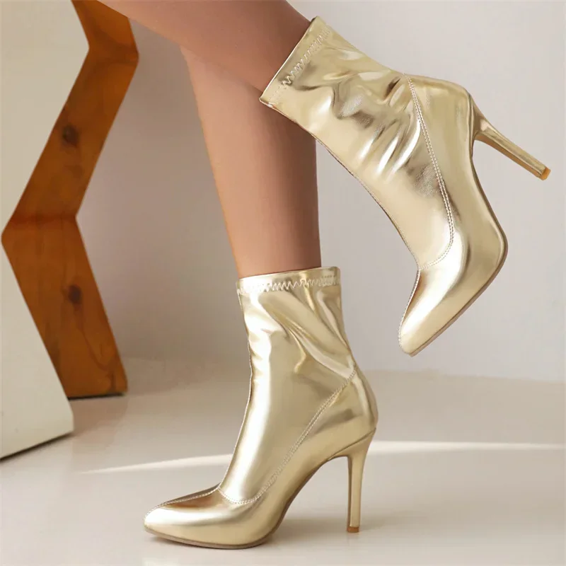 

2025 пикантные женские ботильоны без шнуровки на высоком каблуке-шпильке с острым носком, золотисто-серебристые женские туфли для вечеринок, Прямая поставка
