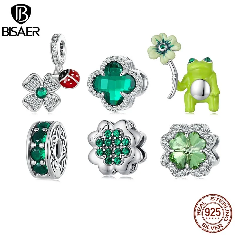 BISAER 925 Sterling Silver Lucky Four-leaf Clover Charm Bead Ladybird Pendant Fit Women DIY Bracelet ＆ Necklace Fine Jewelry