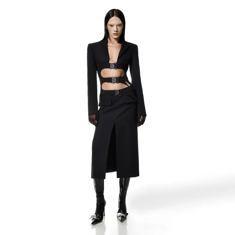 

New Blazer Suits Long Sleeve Fashion Sexy Cut-out Black Buckle Coat Black High Waist Skirt Two Piece Sets Design Sense