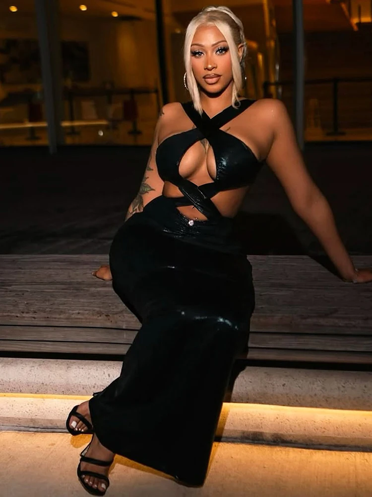 Nibber Ruches Club Jurk Vrouwen Sexy Backless Halter Hollow Cross Bandage Perzik Hip Hipster Stretch Skinny Activiteit Maxi Bodycon