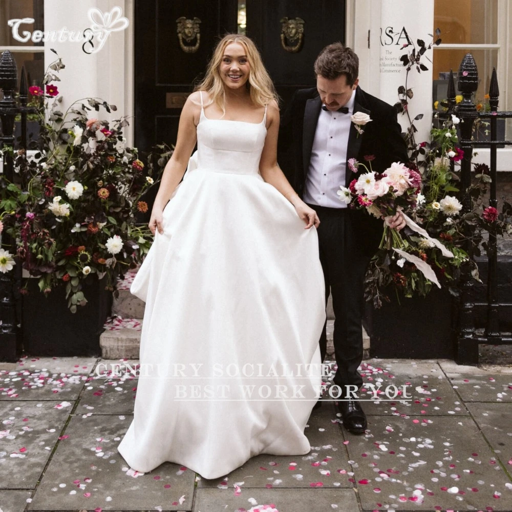 Vestido de casamento de cetim com laço, alças espaguete, costas nuas, vestidos de noiva simples, vestidos de novia personalizados