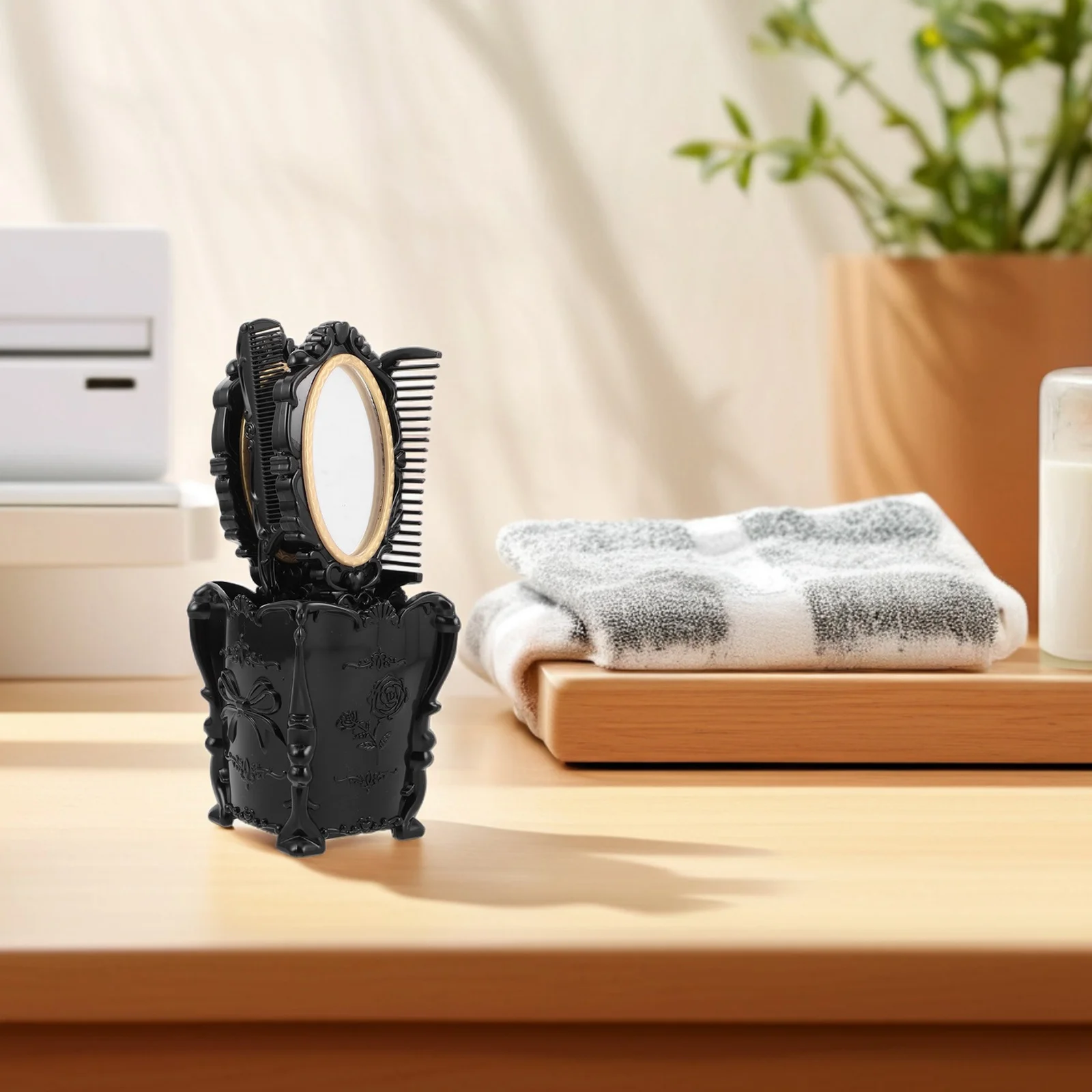 مجموعة مرآة مشط الشعر العتيقة، مشط ذو أسنان واسعة، منظف فرشاة الشعر، صندوق PVC أسود، أمشاط تصفيف محمولة للنساء أثناء السفر #5