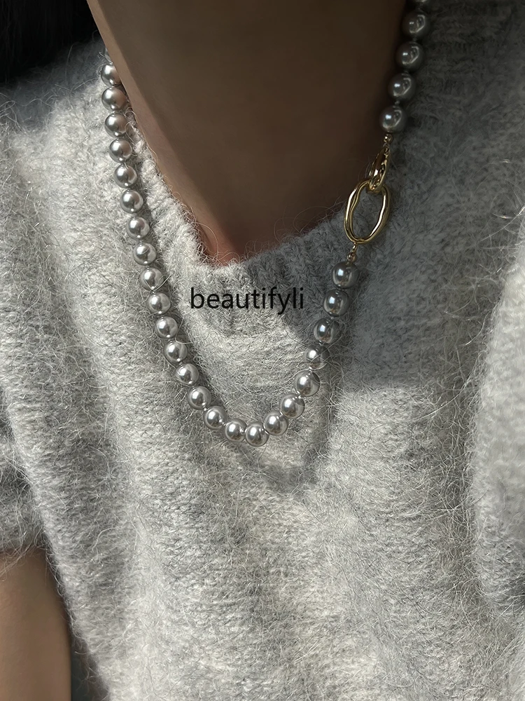 New silver gray strong light pearl necklace light luxury niche high-end versatile sweater chain